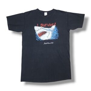 Vintage I Survived Jekyll Island, Ga Shark Black‎ T-Shirt Men's XL USA Made